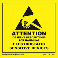 Desco 06722 Attention Label with ESD Susceptibility Symbol Black on Yellow, 2in x 2in