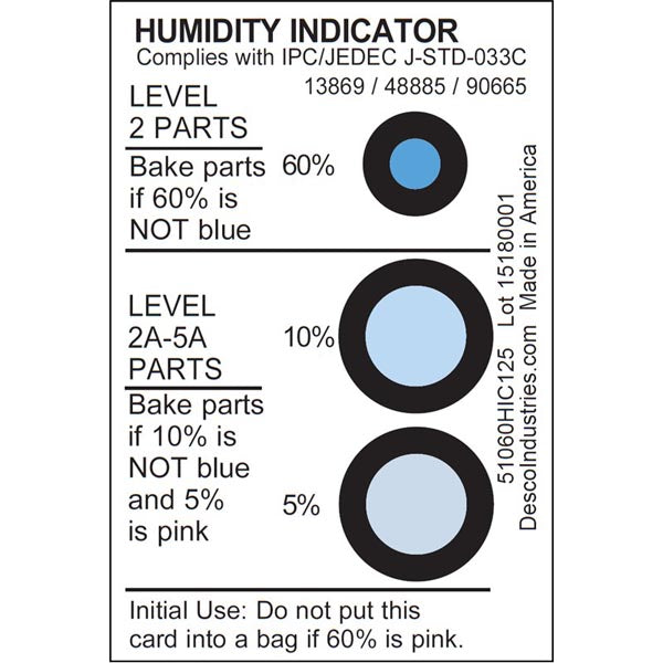 Desco 13869 Cobalt Dichloride Free Humidity Indicator Card