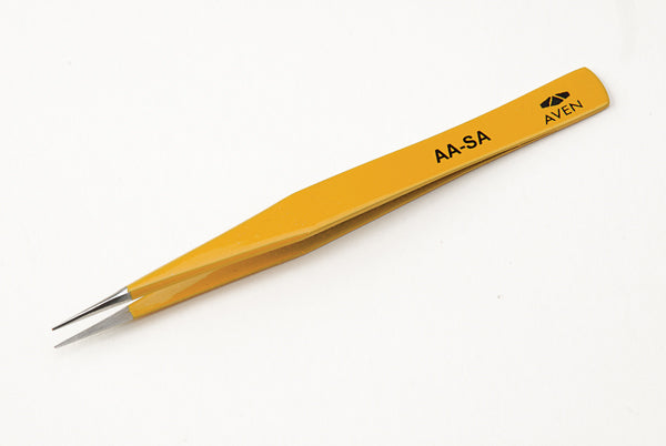 Aven 18013EZ Pick Stainless Steel Anti-Magnetic Yellow Tweezers with Straight Medium Point