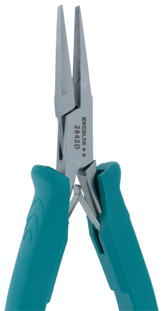 Excelta 2842D Economical Ergonomic Pliers Medium Flat Nose Serrated Jaw with Ergonomic ESD-Safe Grips, 5"
