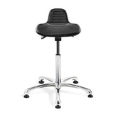 Bevco 3555 Sit Stand with Black Polyurethane Seat, 27 Polished Aluminum Base and Mushroom Glides [22-32 Height Adj, 300lb Cap]