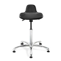 Bevco 3555 Sit Stand with Black Polyurethane Seat, 27 Polished Aluminum Base and Mushroom Glides [22-32 Height Adj, 300lb Cap]