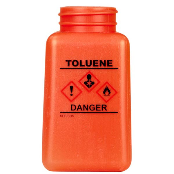 Menda 35763 DurAstatic Dissipative HDPE Orange Square Bottle GHS Label with "Toluene", 6 oz