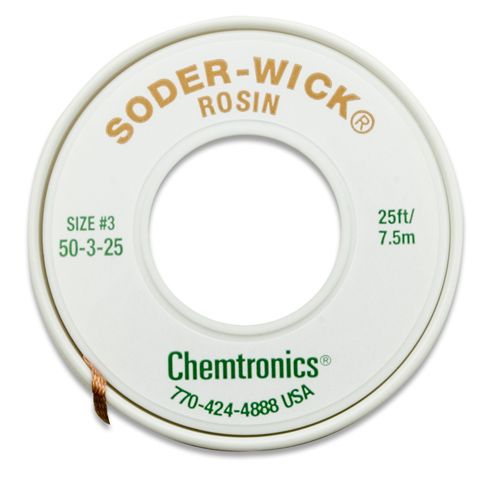 Chemtronics 50-3-25 Soder-Wick Rosin Desoldering Braid Green, .080" x 25' Spool
