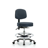 ECOM Seating Imperial Blue Vinyl Stool with Back, Medium Bench Height with Chrome Foot Ring & Casters