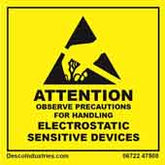 Desco 06722 Attention Label with ESD Susceptibility Symbol Black on Yellow, 2in x 2in