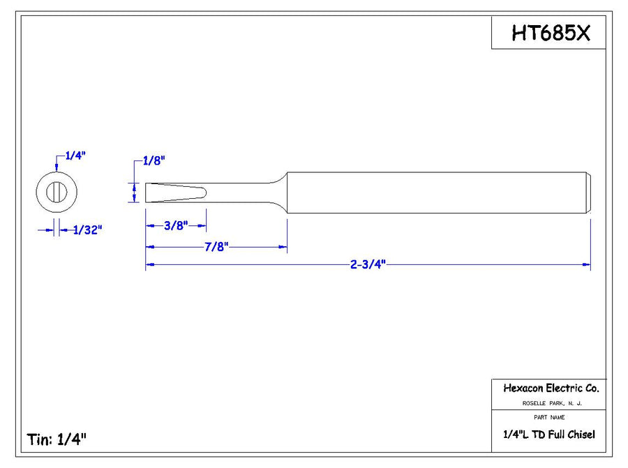 Hexacon HT685X Turned-Down Full Chisel Soldering Tip, 1/4"