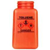 Menda 35763 DurAstatic Dissipative HDPE Orange Square Bottle GHS Label with "Toluene", 6 oz